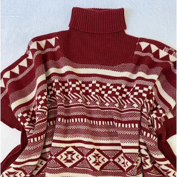 J Peterman Taos Poncho 100% Merino Wool Southwest Print Rust Turtleneck Cape - Picture 6 of 15